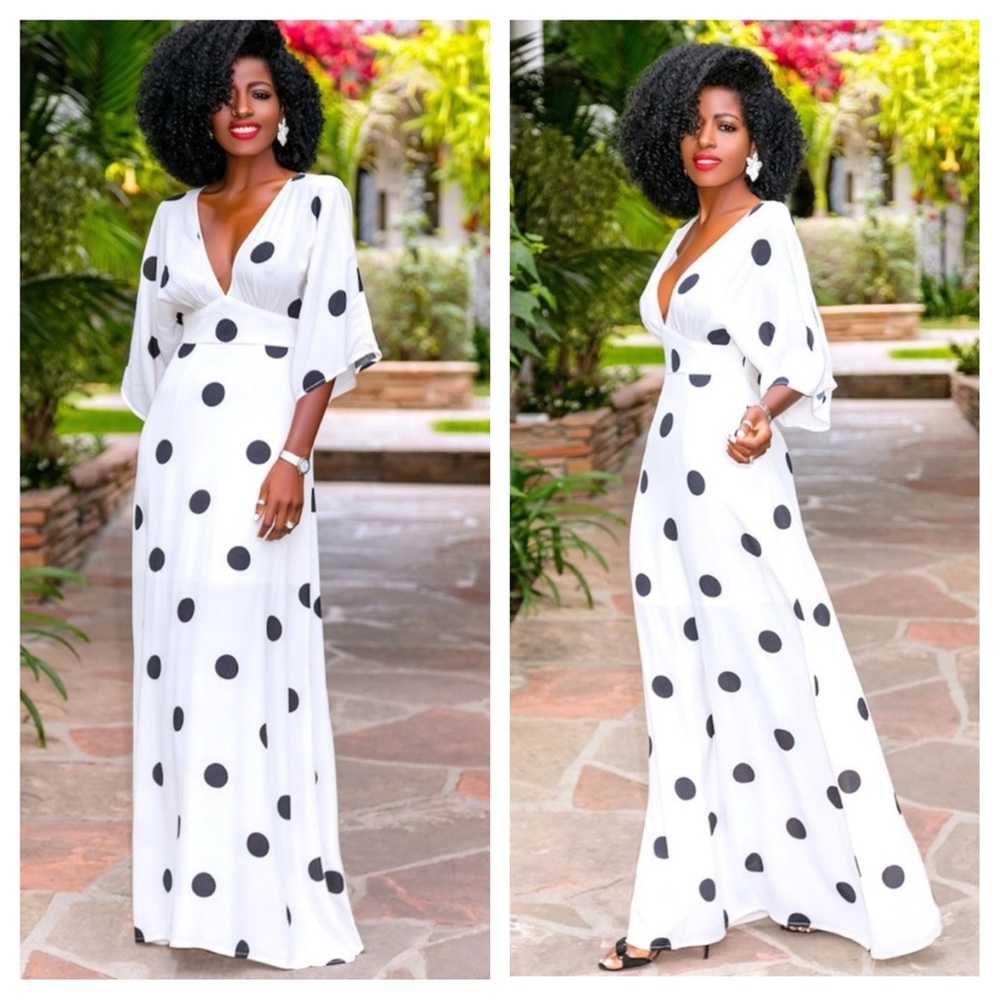 Ivory & Black Polka Dot V-Neck Dolman Sleeve Maxi Dress NWT - Picture 13 of 16